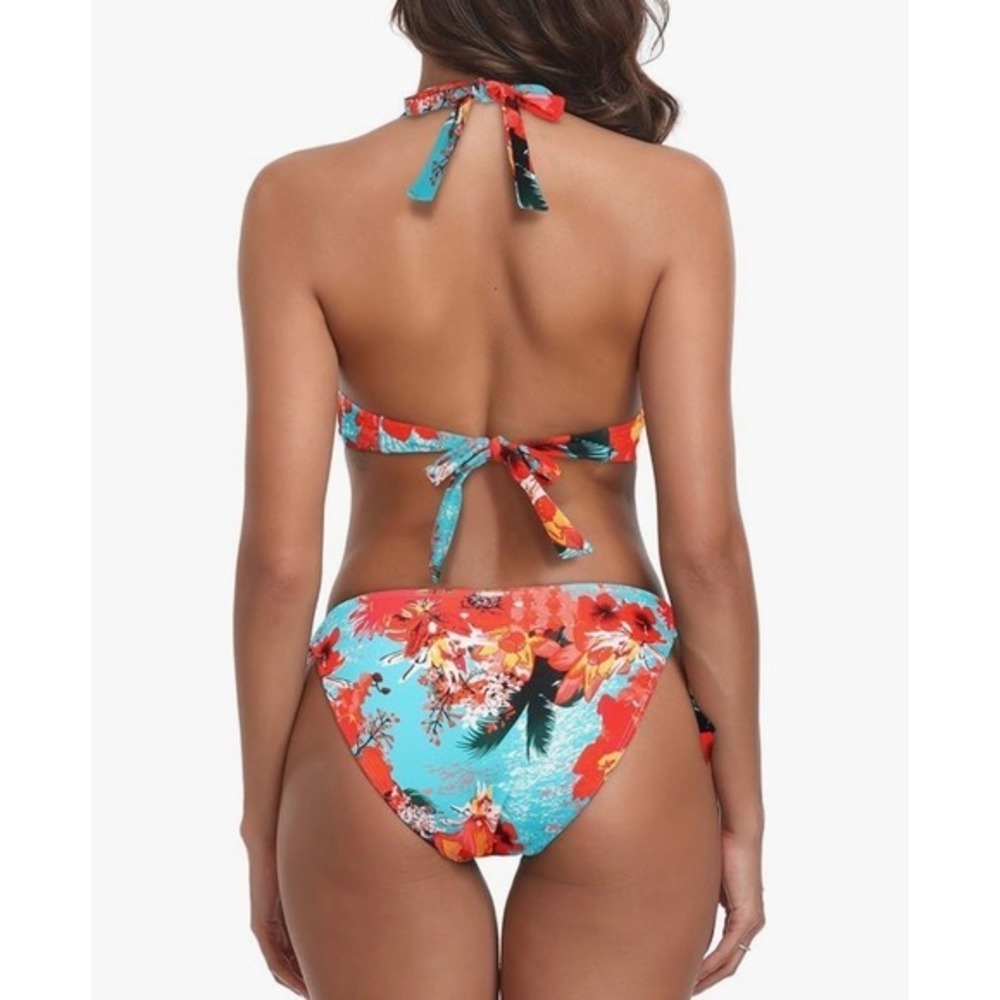 NEW Colloyes XL Tropical Floral Print Halter Tie Front Bikini Swimsuit Set - Picture 4 of 10